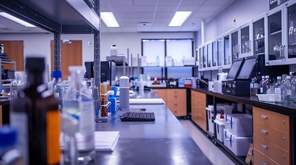 A modern laboratory filled with various glassware and equipment for scientific research.