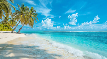 Fototapeta premium Tranquil tropical beach with palm trees and turquoise water on a sunny day