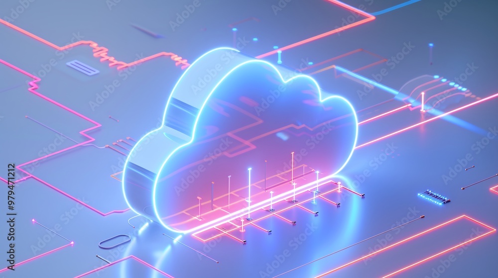 Poster a futuristic cloud icon glowing with neon lights, representing data storage and connectivity in digi