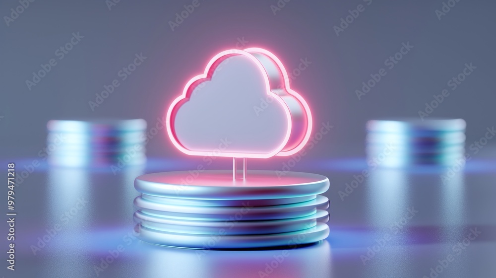 Poster a futuristic cloud icon illuminated in neon colors, symbolizing digital storage and data management 