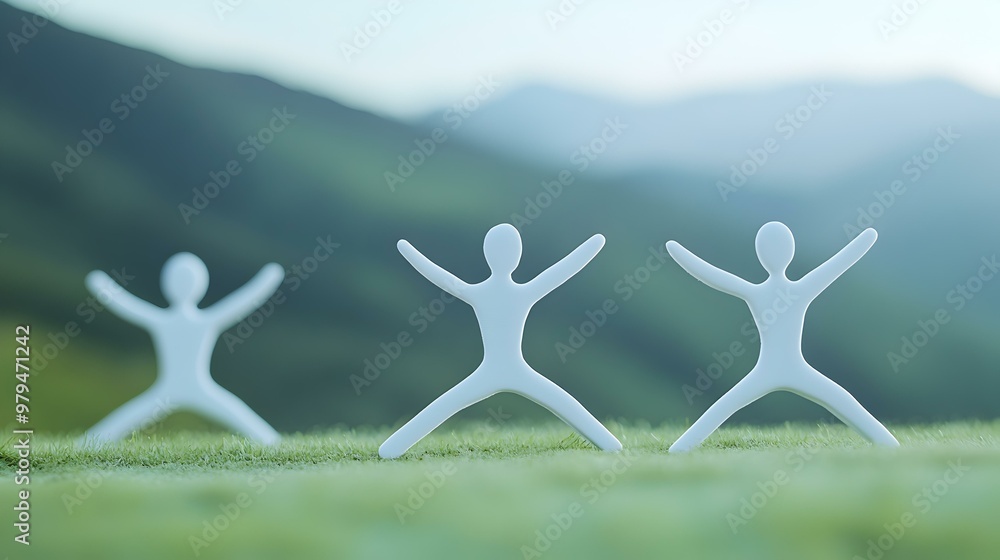 Poster minimalist exercise routine, stick figures engaged in various workout activities, emphasizing simpli