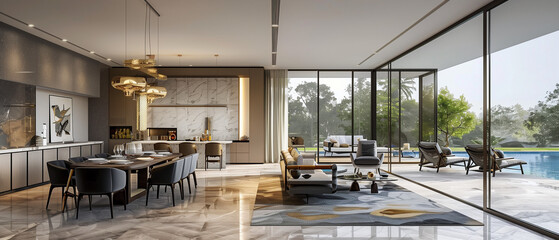 Modern living room interior with fireplace and luxury furniture featuring a wooden table, sofa, and chairs near large windows