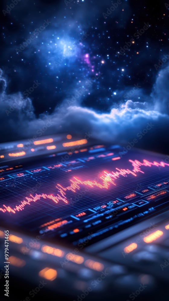 Poster a vibrant visualization of a soundwave displayed on a digital screen, set against a cosmic backgroun