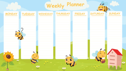 Fototapeta premium Weekly planner stationery with cute bee cartoon