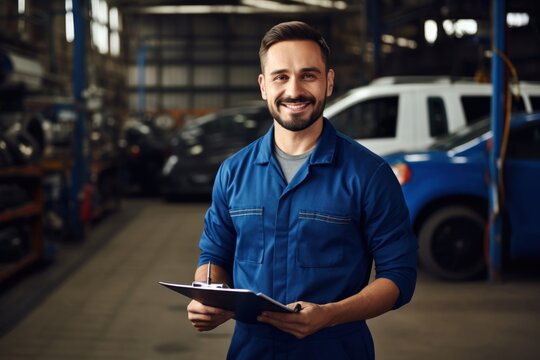 Holding a clipboard standing at a car workshop architecture building factory.