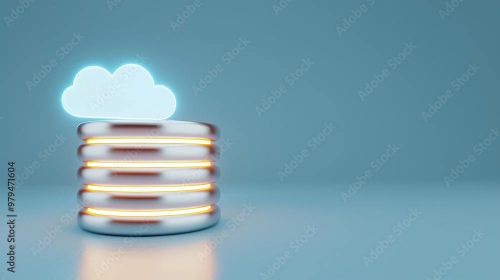 Poster a futuristic cloud storage concept with glowing data stacks, representing digital innovation and clo