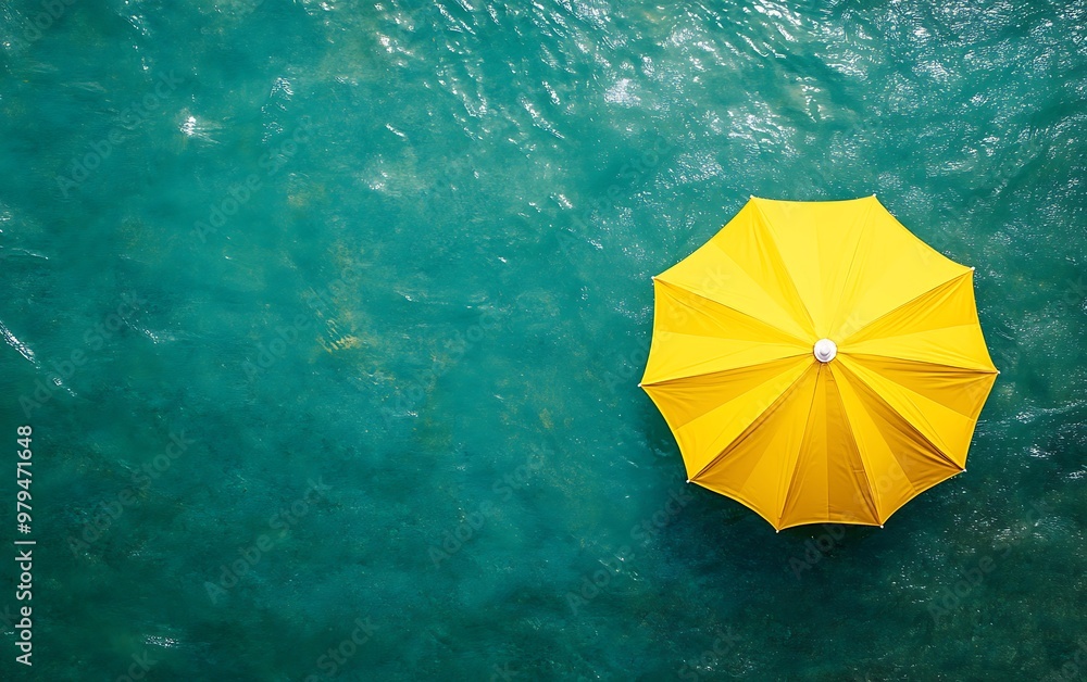 Poster serene summer vibes - yellow beach umbrella on sea green background with copy space for text. top vi