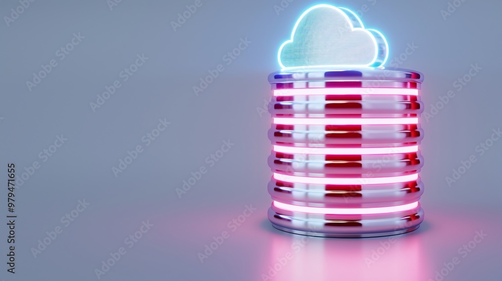 Poster a futuristic cloud storage design featuring illuminated database stacks and a glowing cloud symbol, 
