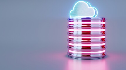 A futuristic cloud storage design featuring illuminated database stacks and a glowing cloud symbol, symbolizing data management.