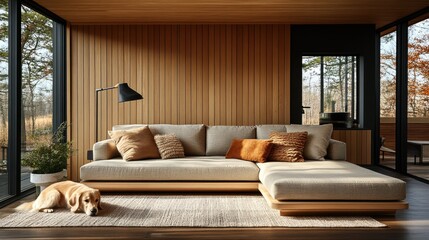 Fototapeta na wymiar Sleek Minimalist Pet Corner, a stylish space featuring modern lines, comfortable seating, and organized pet essentials for a chic home environment.