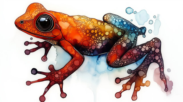 Colorful poison dart frog illustration with watercolor splashes