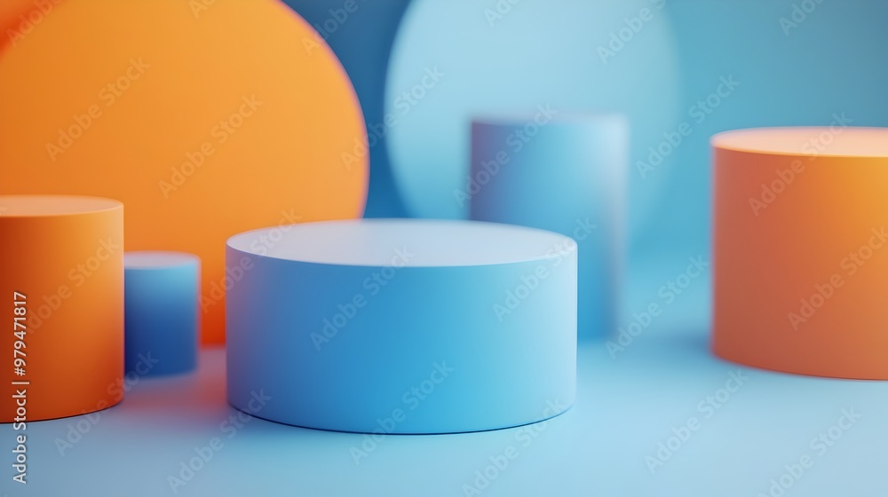 Poster pastel geometric shapes composition with sphere cylinder cube forms on minimal studio background