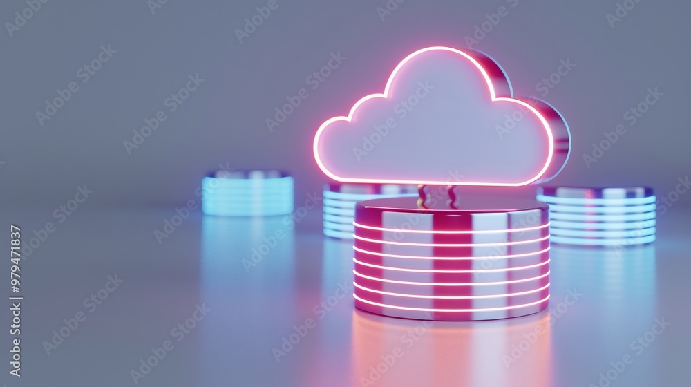 Poster a futuristic cloud symbol above glowing disks, representing modern data storage and digital technolo