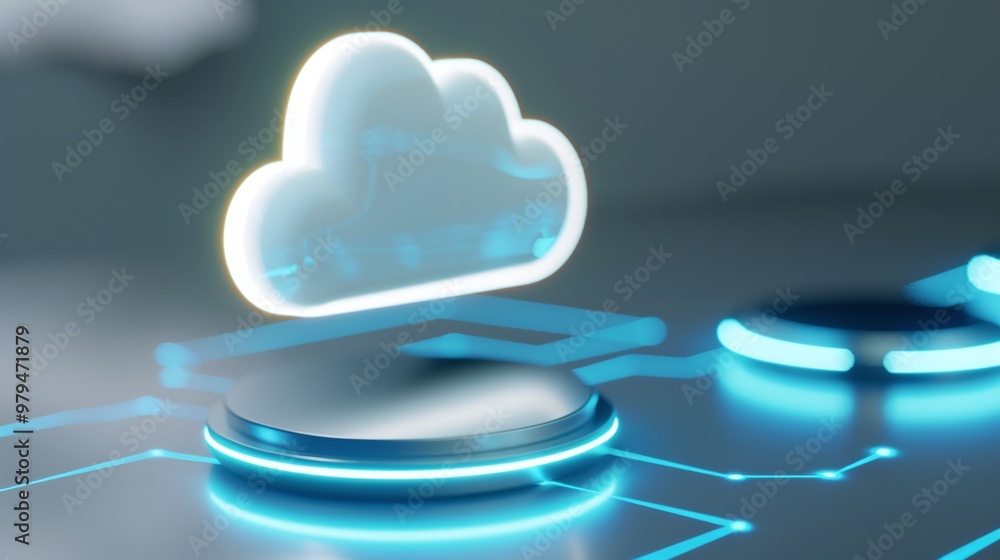 Poster a futuristic cloud symbol connected to digital buttons, representing cloud computing and modern tech