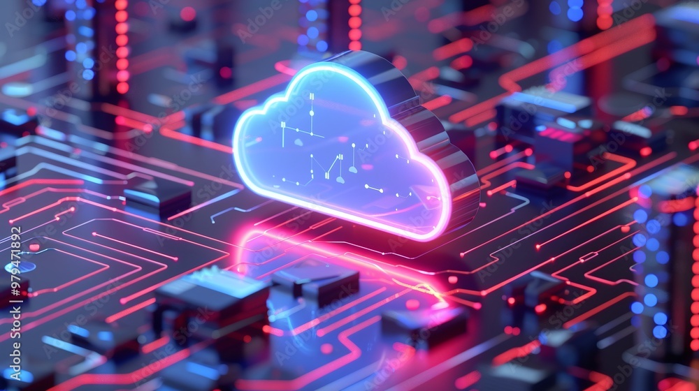 Poster a futuristic cloud symbol glowing on a digital circuit board, representing modern technology and dat