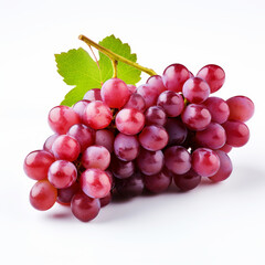 Fresh red grapes on a white background with green leaves