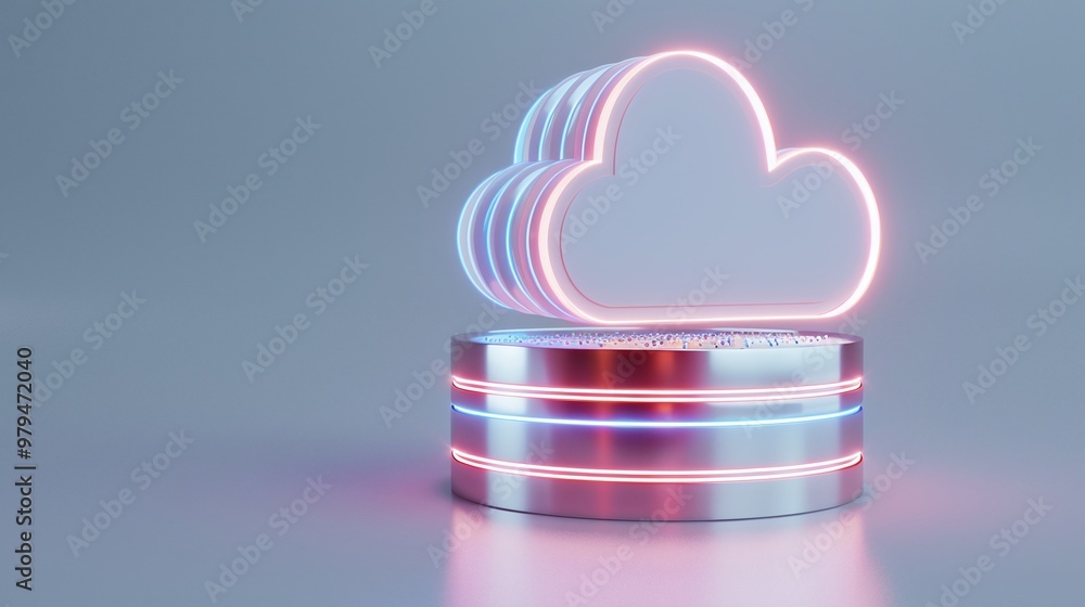 Poster a futuristic cloud symbol illuminated with neon lights, representing technology and digital data sto