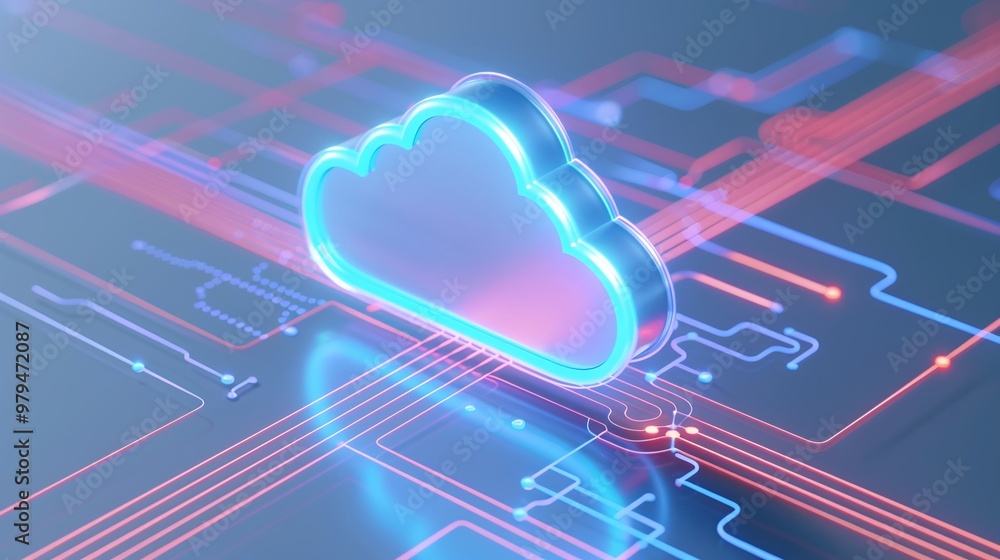 Poster a futuristic cloud symbol on a circuit board background, symbolizing digital connectivity and cloud 