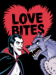 Obraz premium A cartoon vampire and a werewolf with fangs-Love Bites