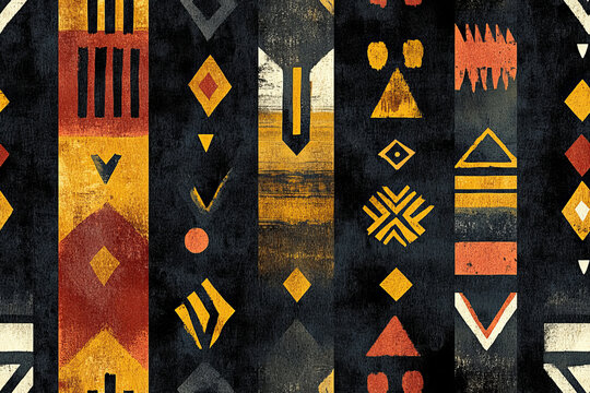 Seamless earthy geometric patterns with abstract symbols on dark background