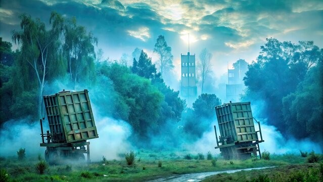 ghostly iron dome batteries materializing from misty israeli forests with eerie blue and green hues and hauntingly beautiful fog effects