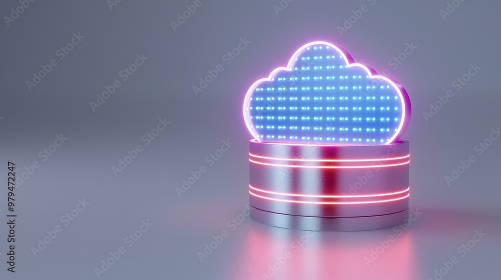 Poster a futuristic cloud symbol with glowing edges and digital patterns, representing modern technology an