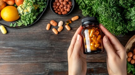 A person holding a bottle of dietary supplements surrounded by healthy food, promoting nutrition and wellness choices.