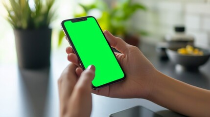 A person holding a smartphone with a green screen, perfect for templates or technology-related projects in a modern setting.