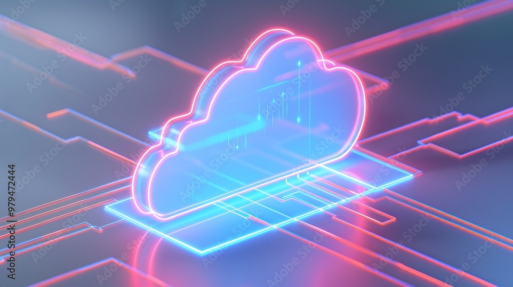 Poster a futuristic cloud symbol with neon colors representing digital storage and technology concepts in a