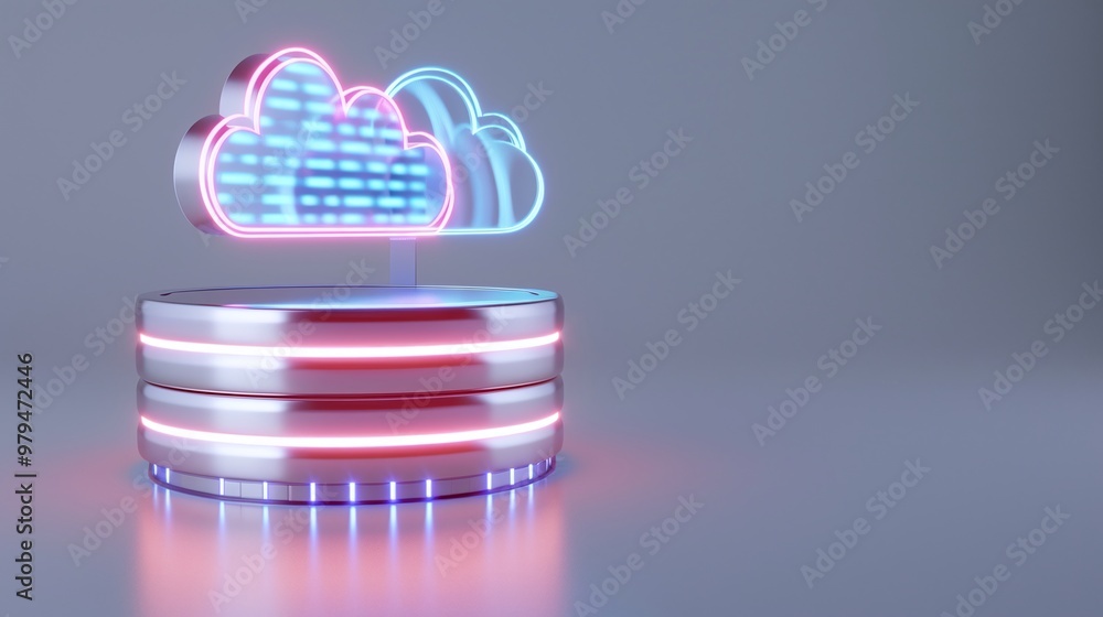 Poster a futuristic cloud symbol with neon lights hovering over a sleek platform, representing digital stor