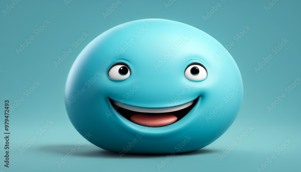 Poster a blue animated character with a joyful expression and a big smile, set against a light blue backgro