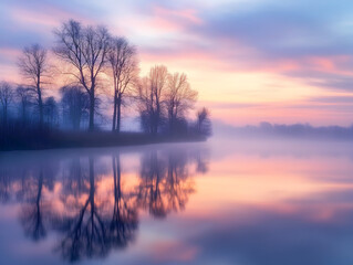 Fototapeta premium Calm sunrise over a foggy river with trees reflected in the water