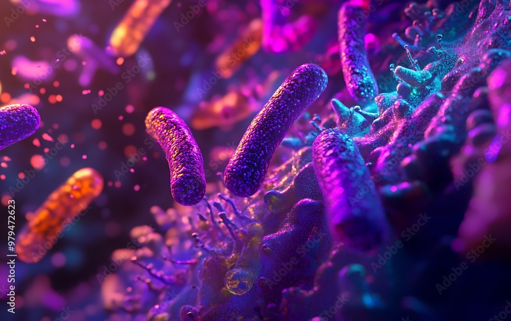 Poster illuminating bacteria: detailed 3d render of uv light exposing microscopic view on surface with vibr