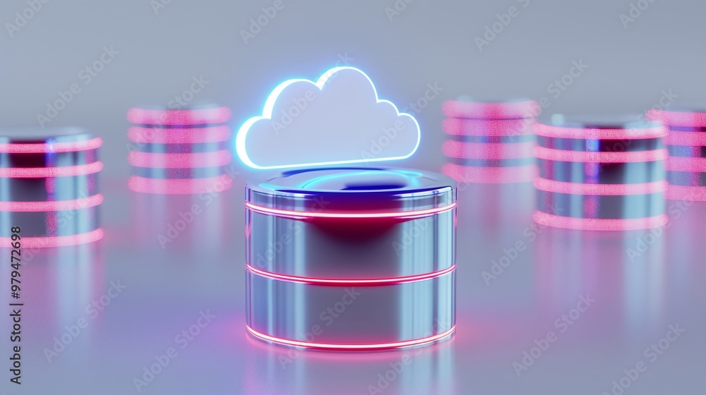 Poster a futuristic data storage concept featuring glowing cloud icons above sleek metallic cylinders, repr