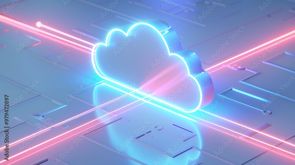 Poster a futuristic digital cloud with neon lights symbolizes cloud computing and data storage innovation o