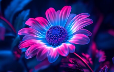 Neon Glow: Close-up of Vibrant Pink and Blue Flower Petals Under UV Light