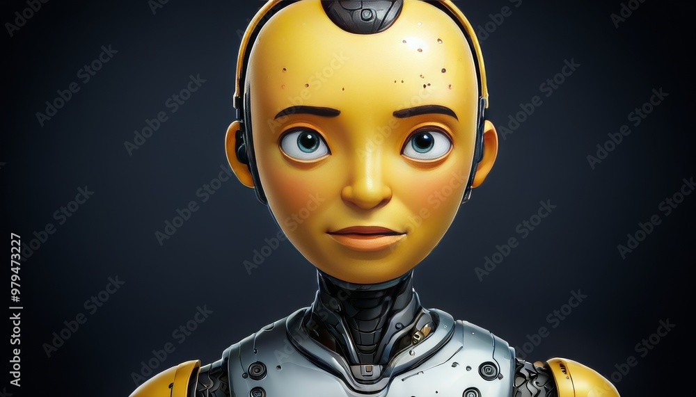 Poster a yellow robot with a neutral expression set against a dark background. its sleek design and detaile