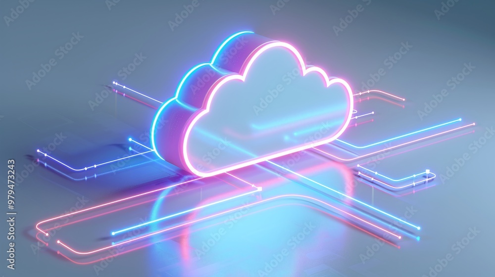 Poster a futuristic neon cloud design with vibrant colors and light trails, symbolizing advanced technology