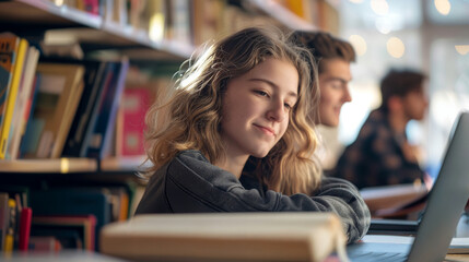 A young girl student while concentrating on a computer in a library. The student appears focused and engaged in learning. Student preparing for lectures or exams.