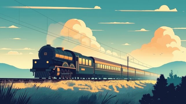 2d dreamlike illustration of the train orient express on a summerday, muted subtle tones, Simplified minimalistic Illustrations, Dynamic Typography, 