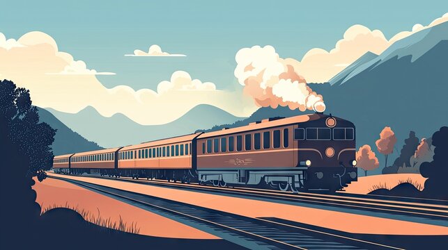 2d dreamlike illustration of the train orient express on a summerday, muted subtle tones, Simplified minimalistic Illustrations, Dynamic Typography, 