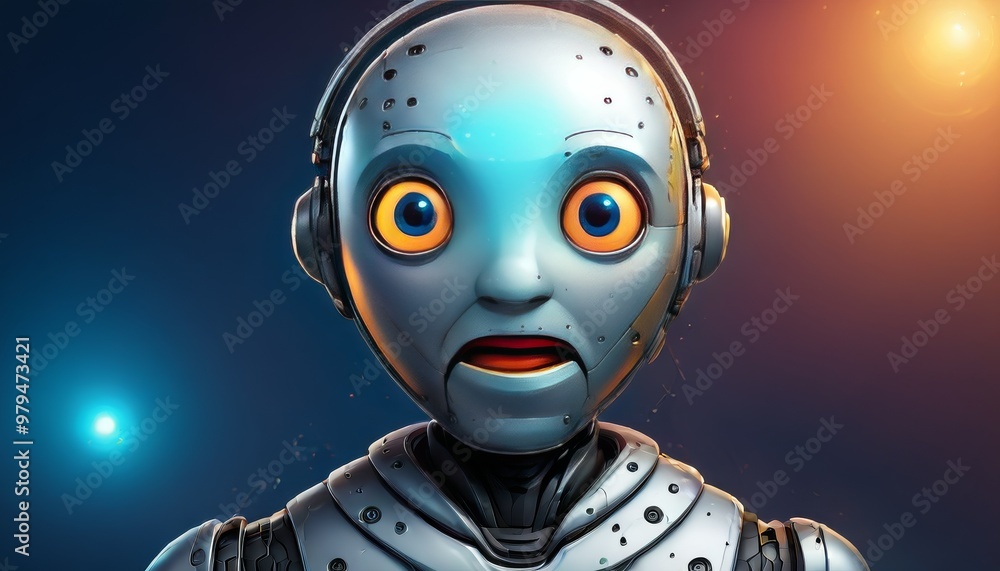 Poster a robot with a surprised expression, featuring wide orange eyes and dramatic lighting. the backgroun