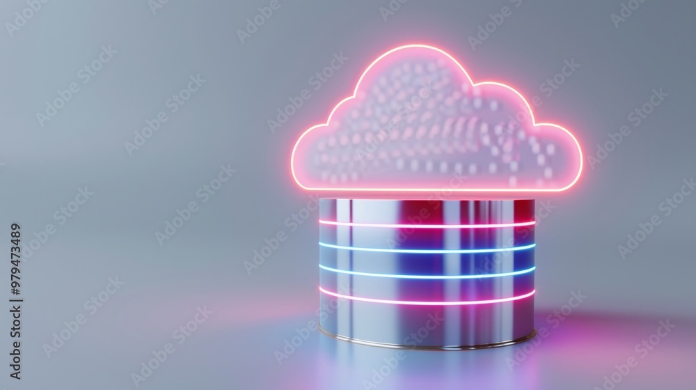 Poster a futuristic neon cloud icon representing cloud computing, set on a modern database cylinder. innova
