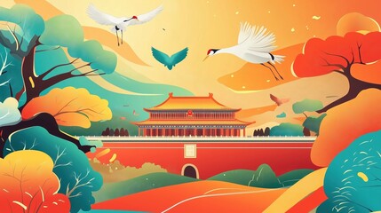 A red-crowned crane gracefully flying over Tiananmen Square in a vibrant vector illustration with geometric shapes and exquisite details. The scene features traditional Chinese architecture in a red c