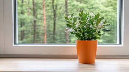 Fototapeta premium Bright orange vases hold blooming flowers on a wooden kitchen counter. Sunlight pours in through the window, showcasing the beautiful forest view outside on a summer day