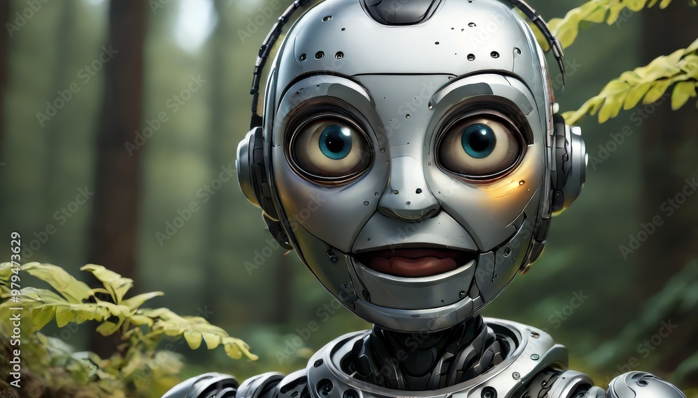 Poster a silver robot with large, curious eyes, exploring a lush green forest. the robot's detailed design 