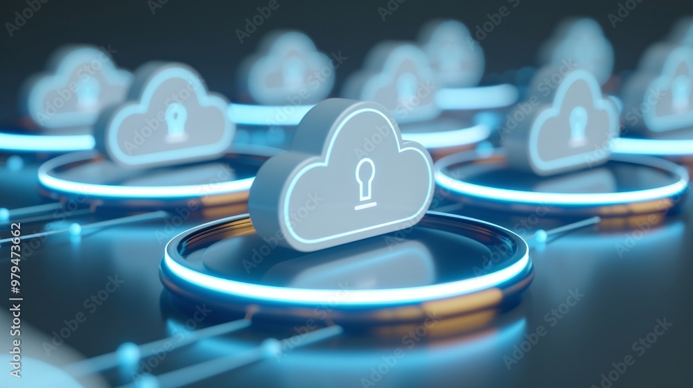 Poster a futuristic representation of cloud storage with glowing icons and interconnected elements, symboli