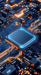 This captivating image showcases a close-up of a powerful microprocessor on a circuit board, illuminated by vibrant blue and orange lights. The intricate circuitry and glowing components symbolize the