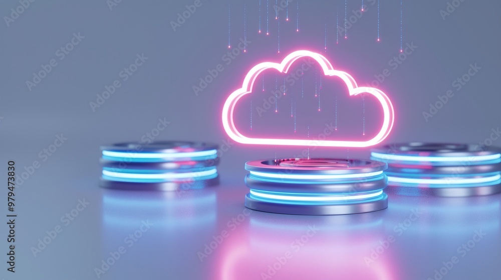 Poster a glowing cloud icon above futuristic disks representing digital storage and cloud technology in a s