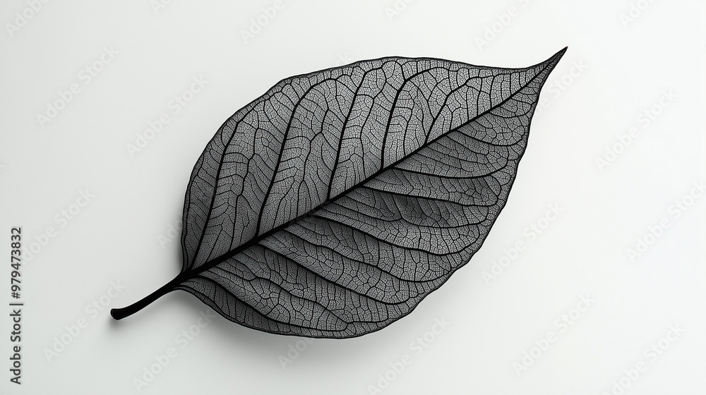 Poster Black skeleton leaf showing intricate veins lying on white background